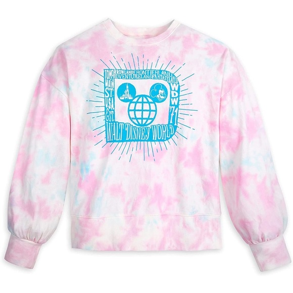 WALT DISNEY WORLD Pink Blue Tie Dye Mickey Castle Lounge Pullover Sweatshirt XS - Picture 8 of 8